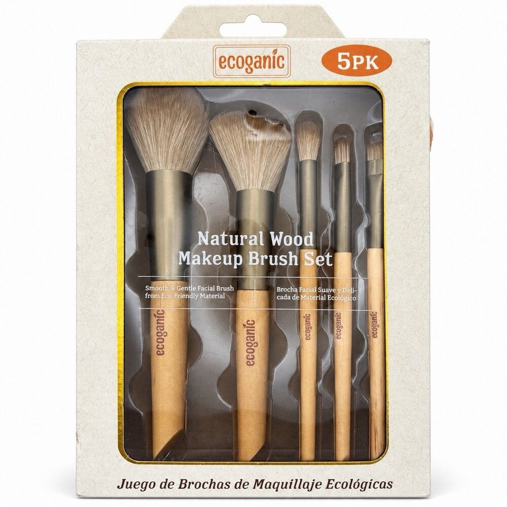 Ecoganic 5 Piece Natural Wood Makeup Brush Set Face Eye Eco Friendly New
